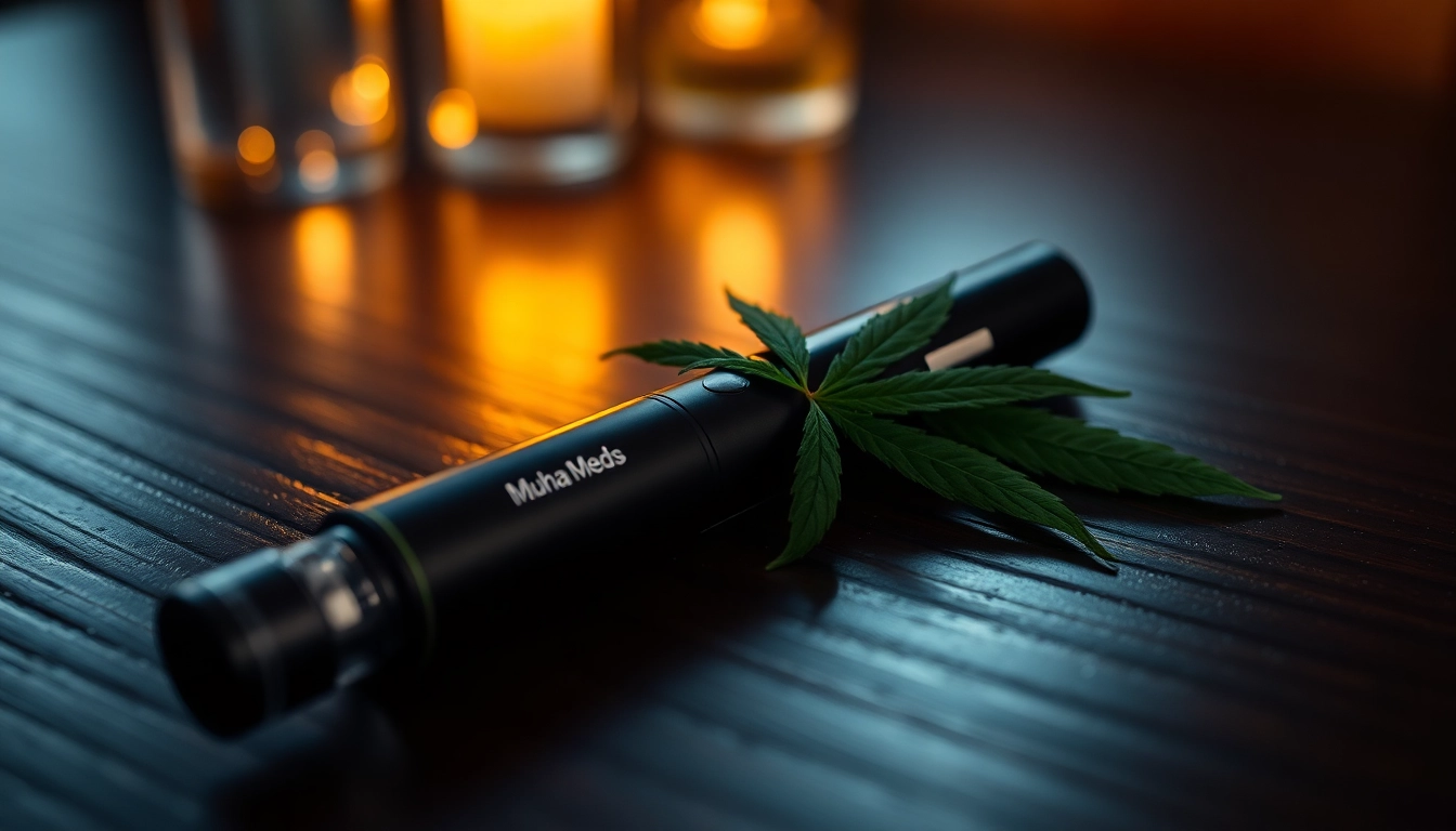 Shop Muha Meds 2g for sale with a sleek vape pen surrounded by cannabis leaves.