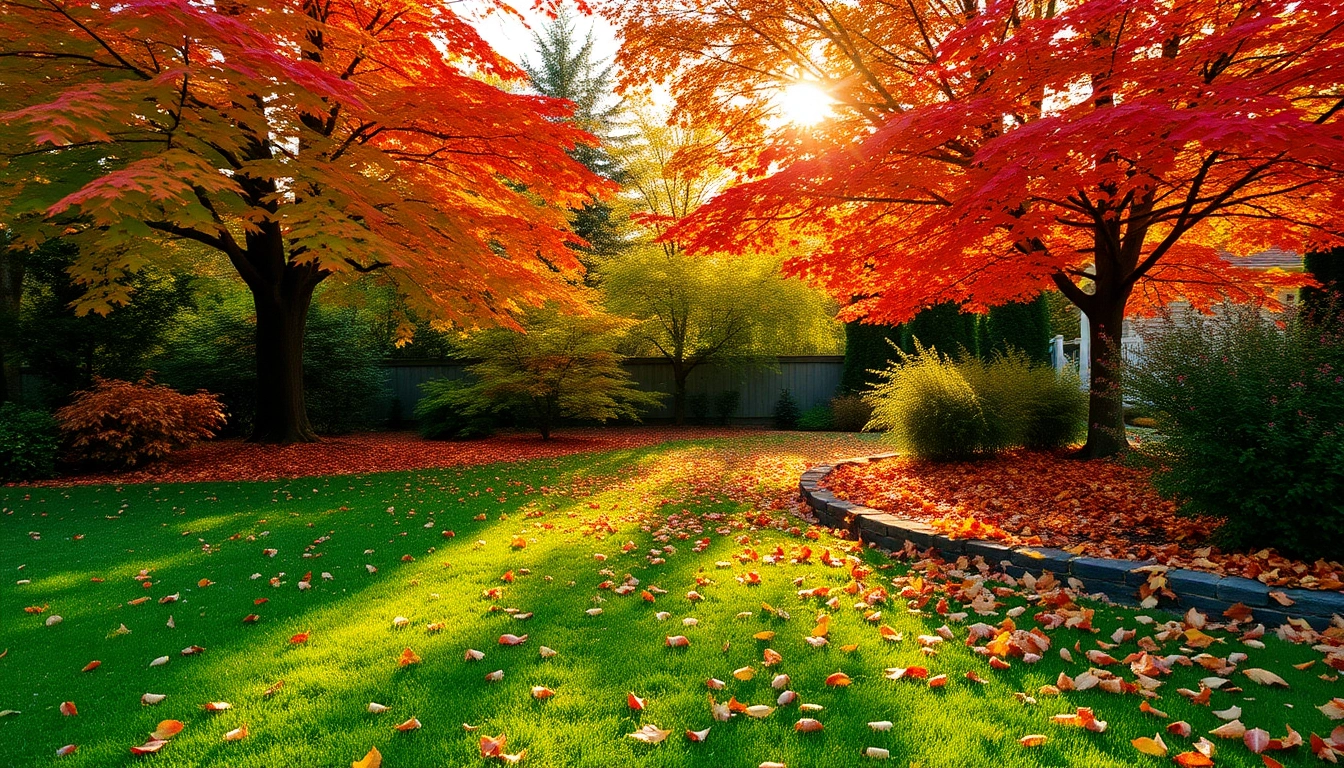 Fall clean up in a yard with colorful leaves and a neatly maintained lawn under warm sunlight.