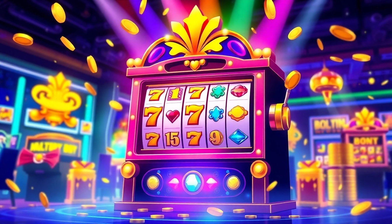 Engage with สล็อตเครดิตฟรี offers highlighted by a vibrant slot machine amidst coins and festive decorations.