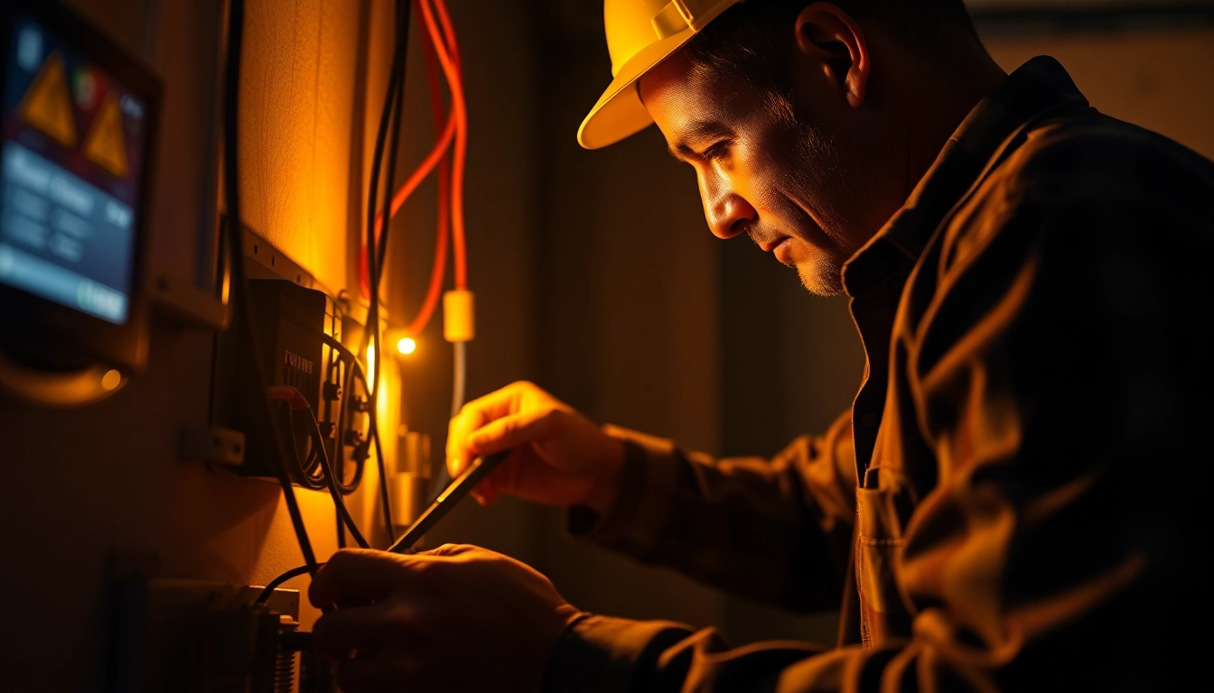 Skilled Elektriker Notdienst repairing electrical issues in a dim room, showcasing expertise in emergency situations.