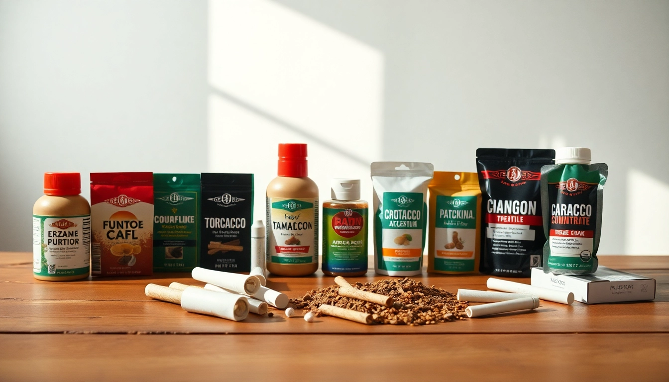 Tobacco Replacement products displayed on a rustic wooden table, showcasing variety and freshness.