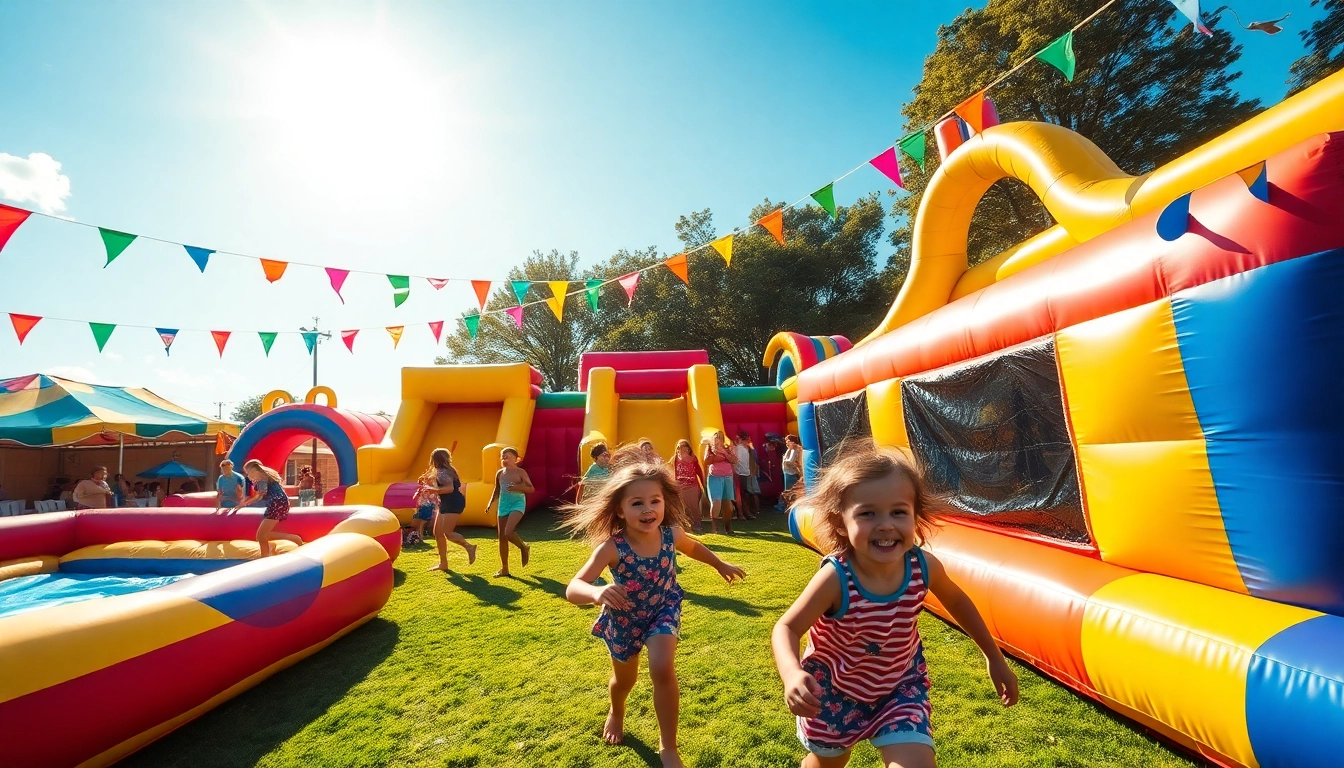 Enjoy inflatables for rent near me, featuring vibrant colors and children playing joyfully outdoors.