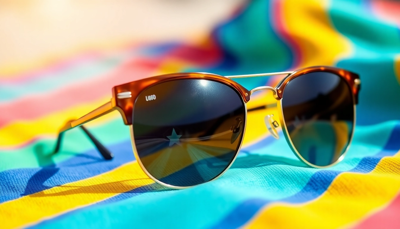 View vintage sunglasses placed on a beach towel; perfect for a stylish summer day, with the text Visit Here prominent on the towel.