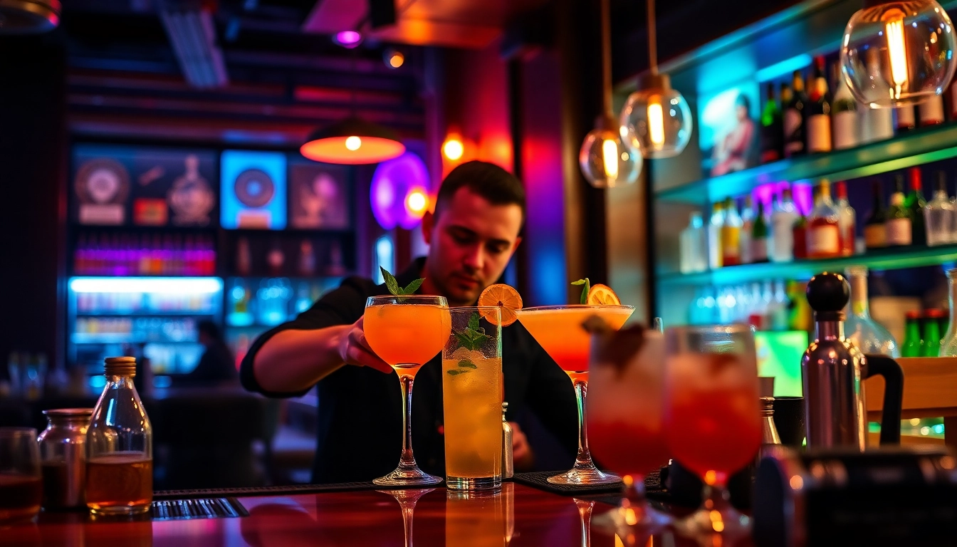 Experience an engaging cocktailkurs with an expert bartender mixing vibrant cocktails in a stylish bar setting.