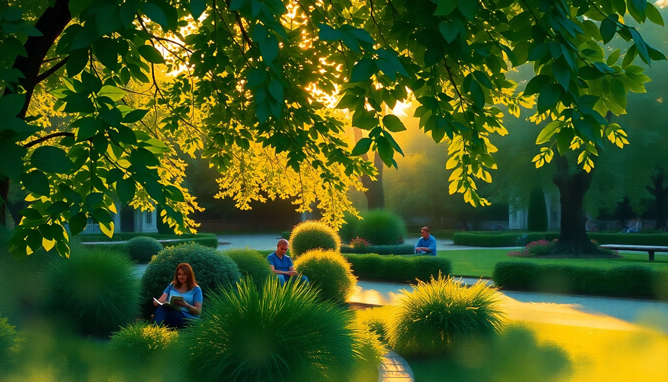 Relaxing in Bloomsbury gardens surrounded by greenery at sunset.