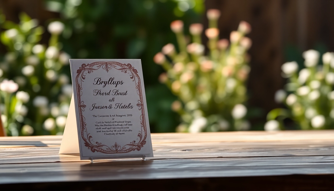 Elegant bryllups invitation showcasing floral design and soft pastel colors on a wooden table.