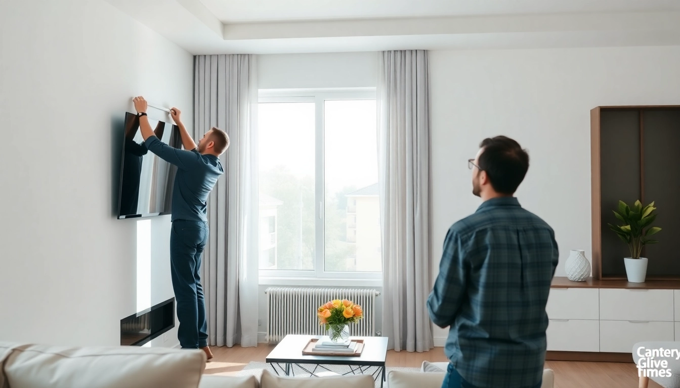 Professional performing a TV mounting installation service in a stylish living room.