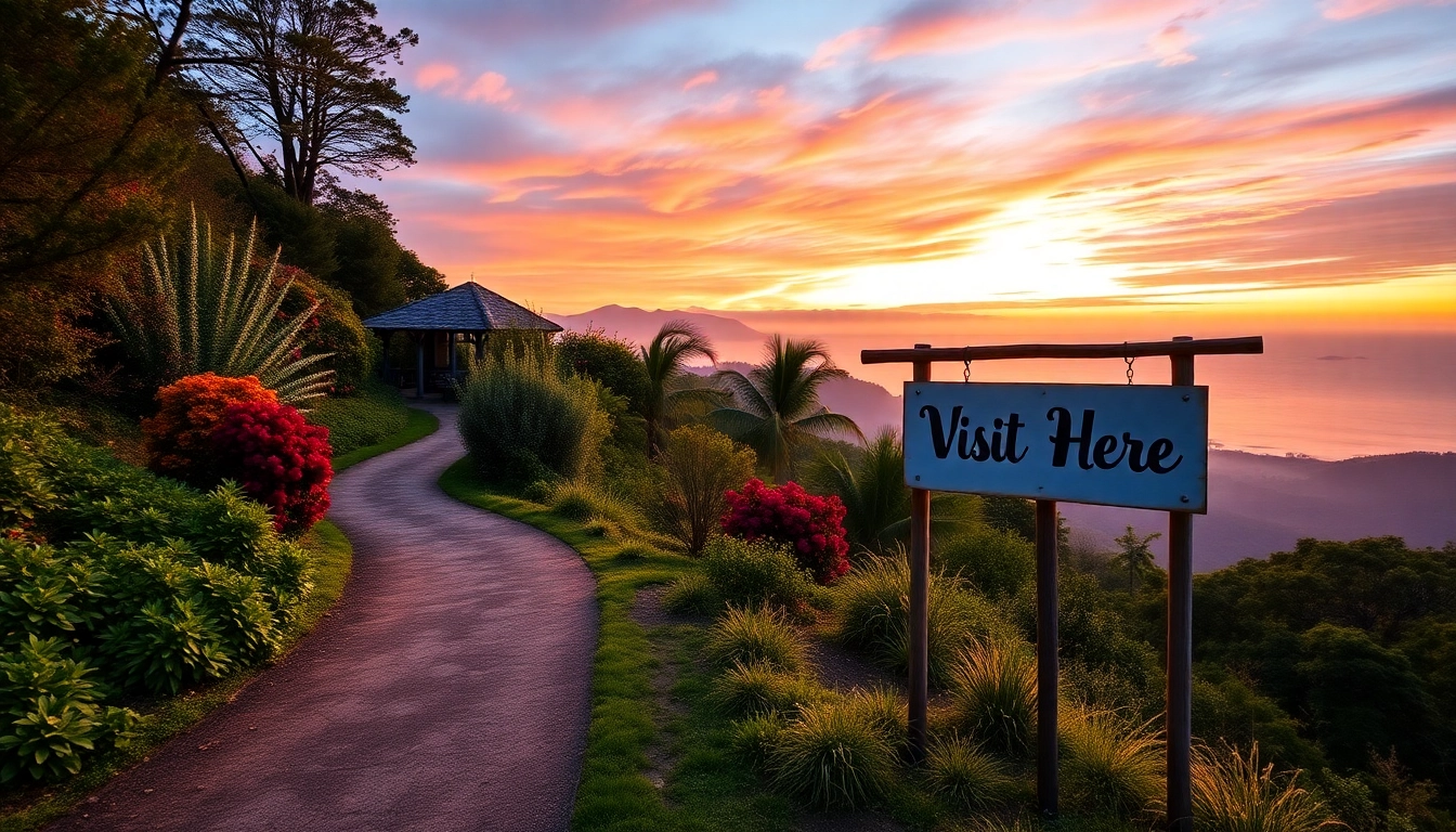 Visit Here sign amidst a beautiful landscape, inviting travelers to explore vibrant destinations.