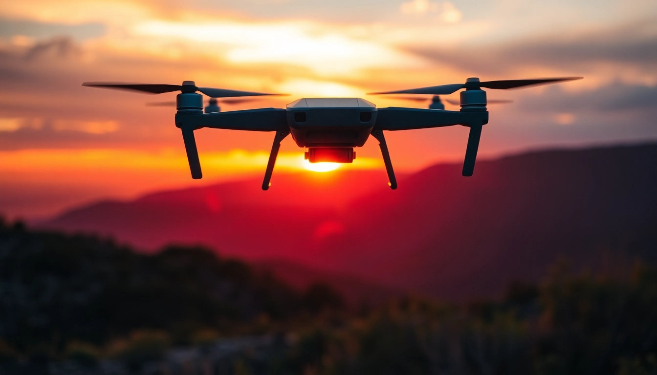 Stunning sunset captured by an Aerial photography drone camera over majestic mountains.