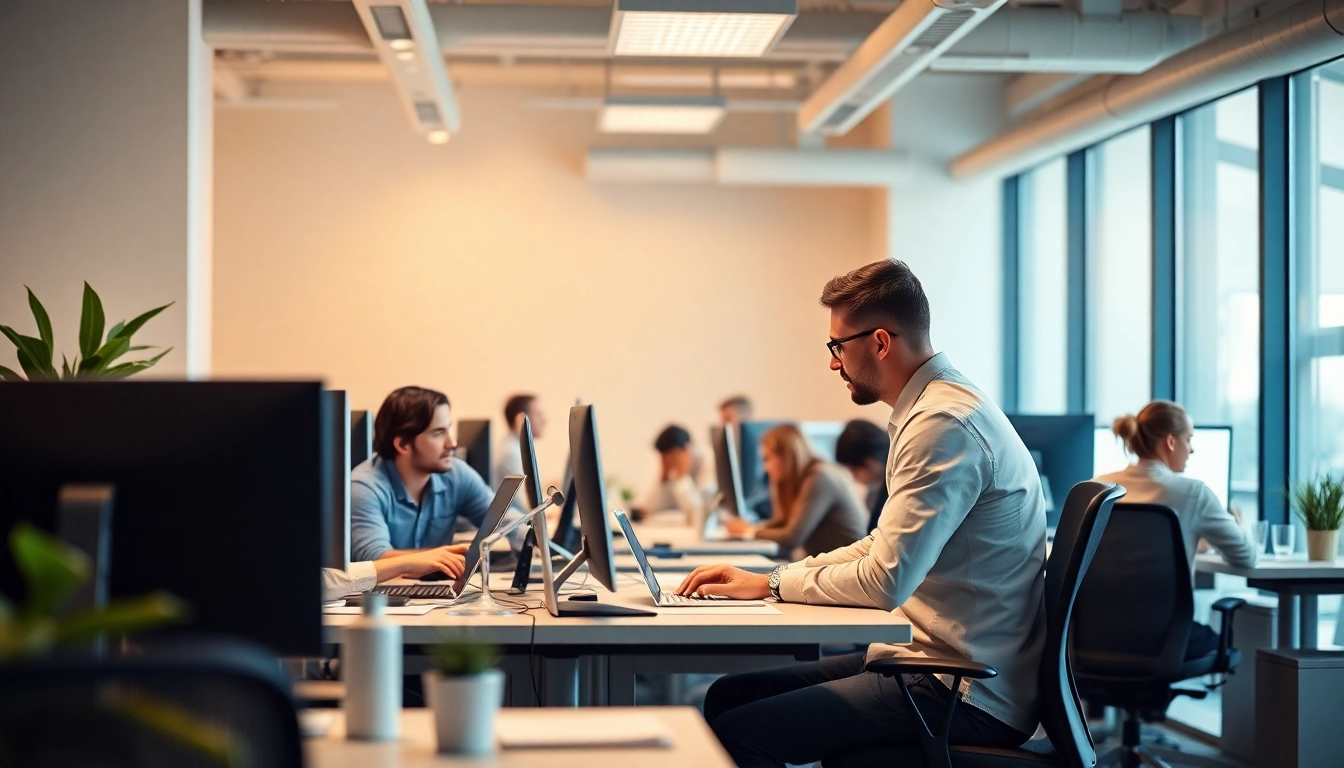 Professionals collaborating on outsourcing solutions in a dynamic office setting.