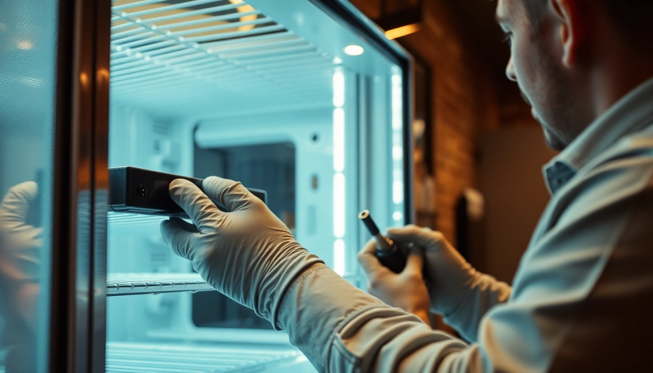 Expert technician performing bar refrigeration repair on a sleek unit with essential tools in hand.