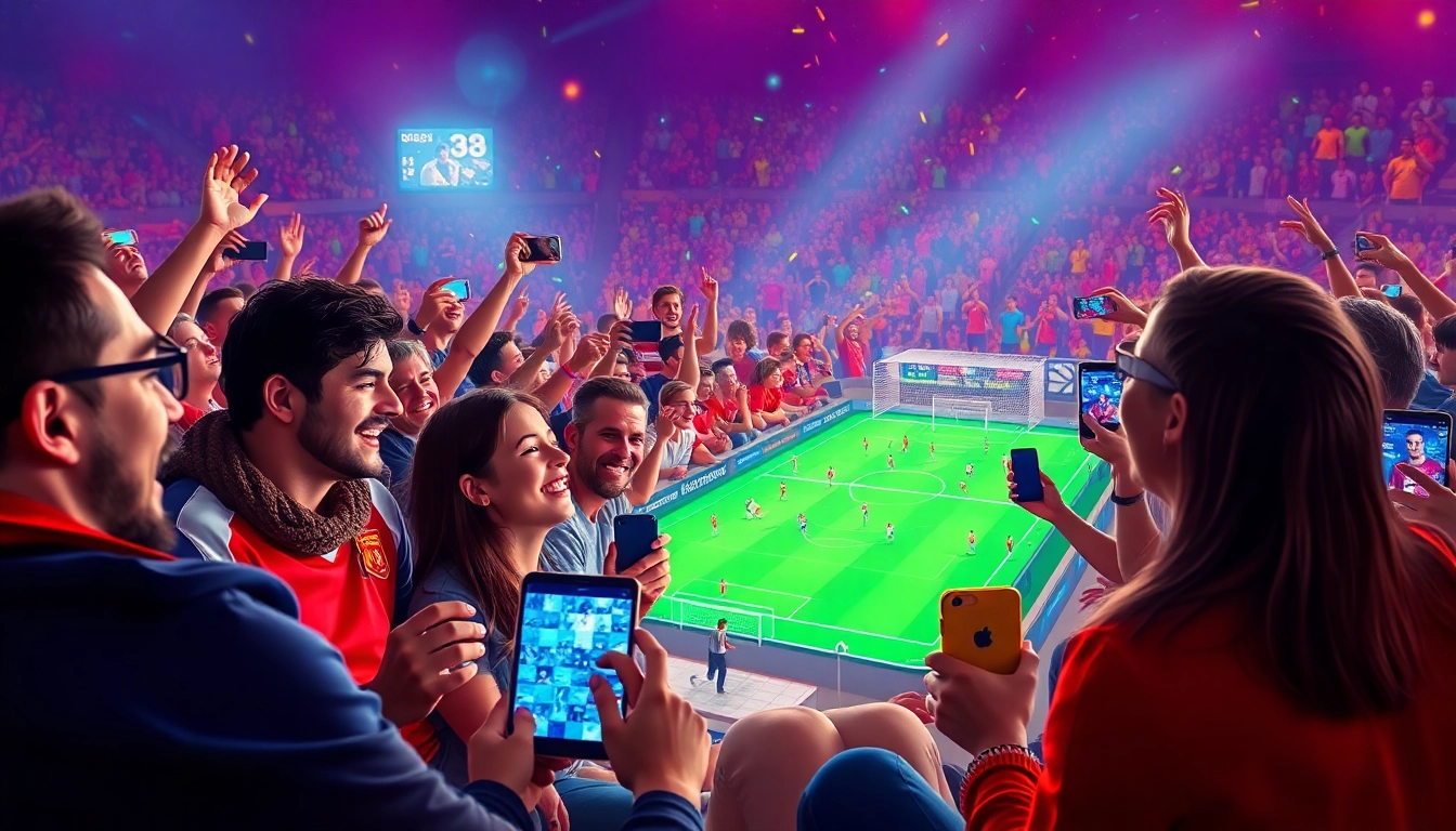 Watch ดูบอลฟรี with fans in a vibrant atmosphere, enjoying live football matches on various devices.