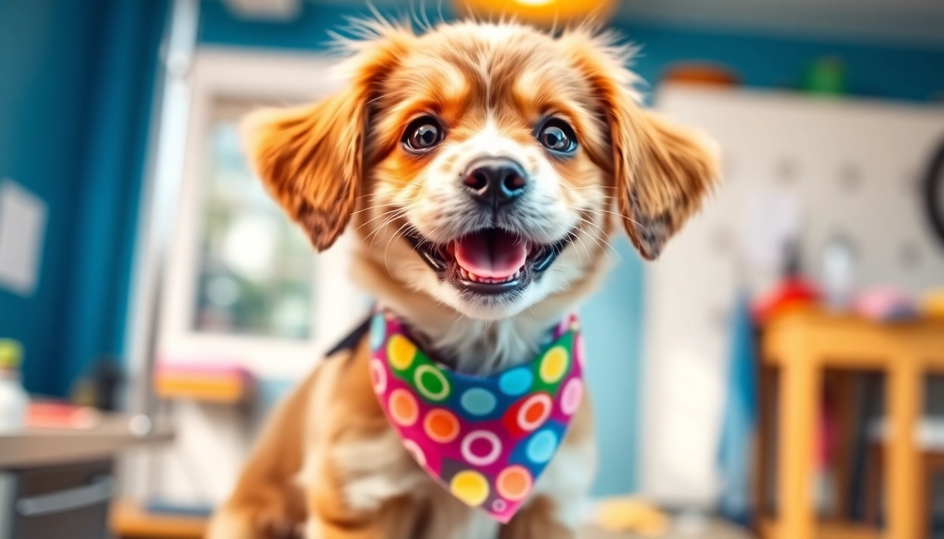 Kate's K9 Pet Care groomed a joyful puppy with a colorful bandana for a vibrant pet care experience.